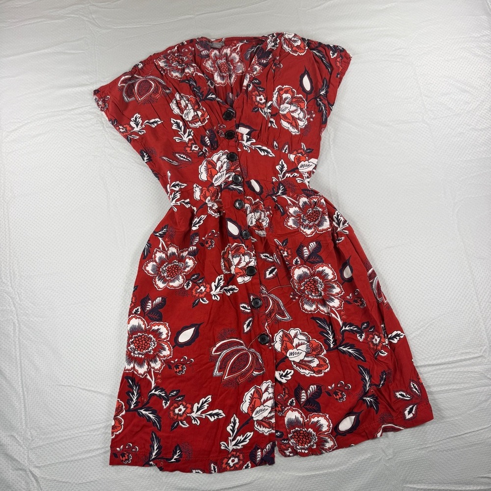 Angie Red Floral Button Front Midi Dress Large V-Neck Cap Sleeve Smocked Back